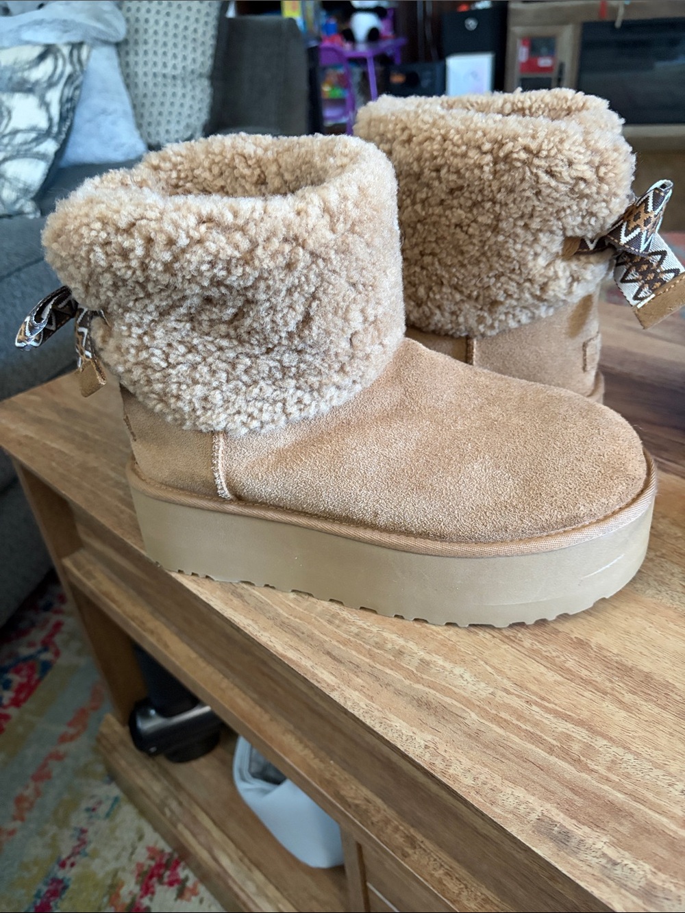 NWOB UGG Chestnut Suede Platform Shearling Cuff Booties
